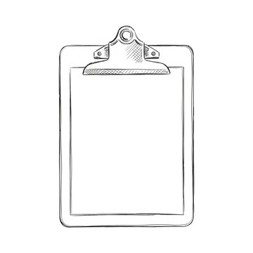 Hand-drawn sketch of a blank clipboard, isolated on white background