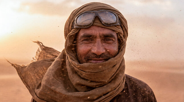 Weathered nomad man portrait in headscarf and goggles in glowing desert dusk