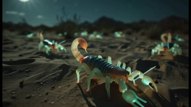 Scorpions Glowing in Desert Night Under Moon with Sandy Dune Landscape
