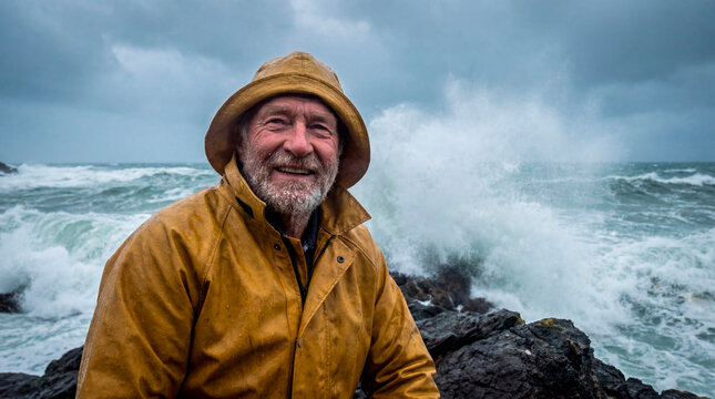 Cheerful senior man in yellow raincoat before crashing stormy ocean waves