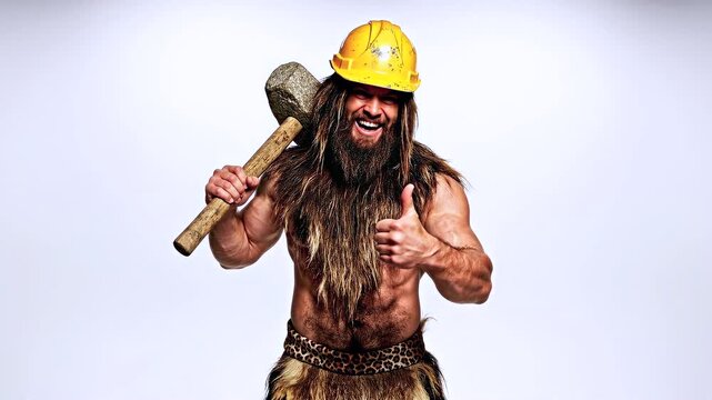 Caveman builder posing medium shot with helmet and hammer on white background, mixing primitive character with construction labor satire, workplace adaptation, manual skill, and safety training.