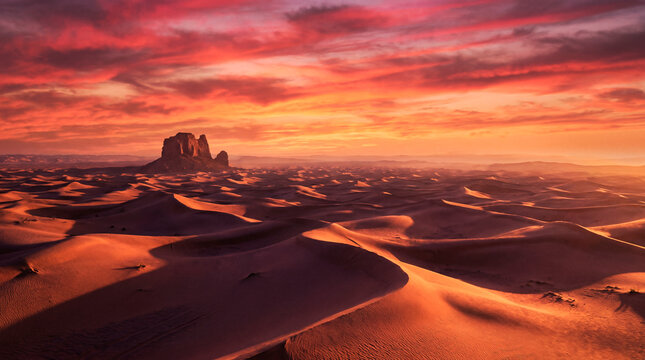 Vast red desert dunes and rock buttes glowing under fiery sunset sky