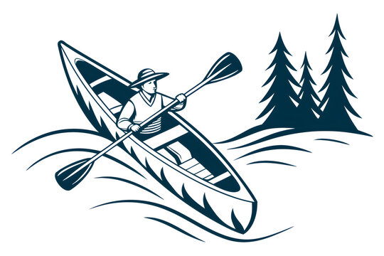 Person rowing canoe in river near evergreen forest trees illustration.