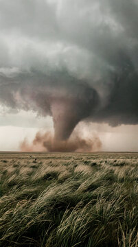 Powerful tornado funnel descending over windswept prairie grassland