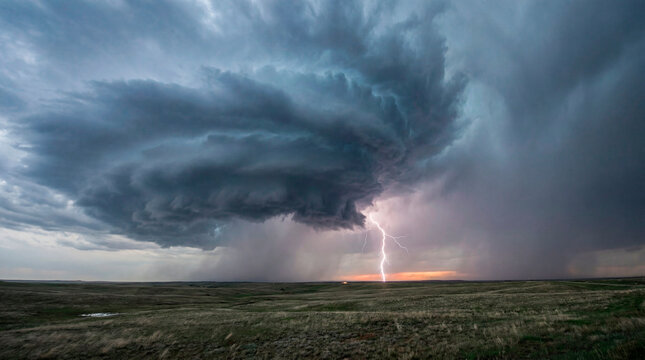 Vast supercell storm with lightning bolt striking distant open prairie