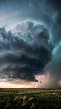 Rotating supercell storm and lightning towering over dusk grassland