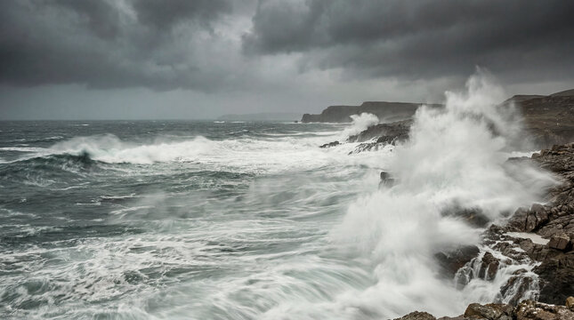 Powerful ocean waves crashing against rugged coast under stormy grey sky