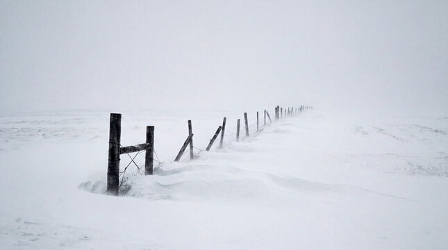 Minimal snow fence line vanishing into white blizzard whiteout