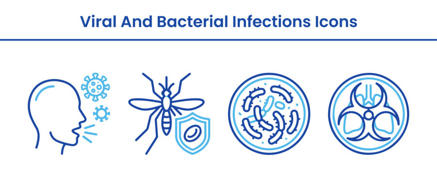 Clean medical illustration Infographic Icons detailing modern epidemiological topics in a blue outline