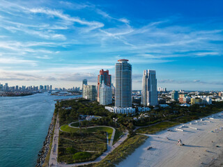 Naklejka premium Top view of South Miami Beach. Scenic drone view of Miami Beach skyline with skyscrapers. Aerial view of Miami Beach in summer.