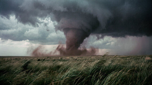 Dramatic tornado twisting over golden windswept prairie grassland