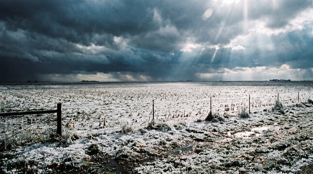 Frost coated meadow glowing under soft sunbeams through overcast sky
