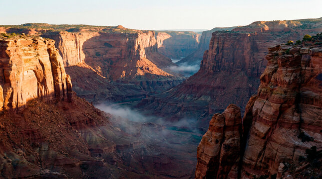 Layered red rock canyon and mist glowing in soft desert sunrise