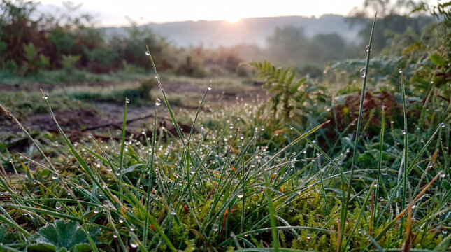 Dewy meadow grass sparkling with droplets in soft morning backlight