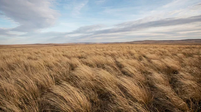Golden windswept grassland bending under wide drifting cloud sky