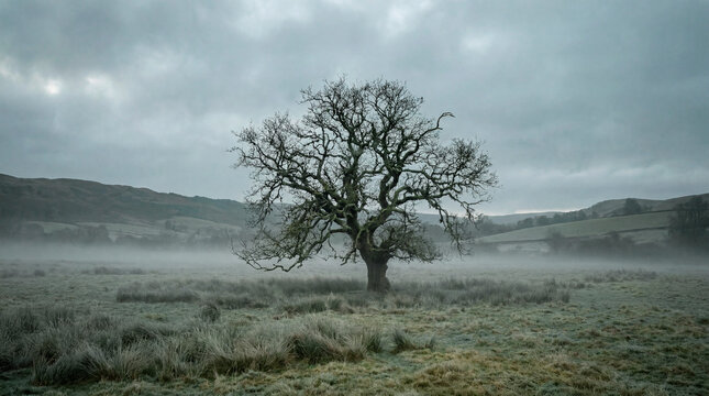 Ancient lone oak tree in misty meadow under moody grey sky