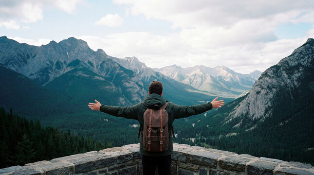 Man with open arms embracing sweeping mountain vista from stone wall