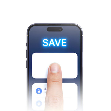 Extreme close-up of a thumb pressing a bright neon-blue 'SAVE' button on a smartphone screen showing a dark-mode budgeting app.