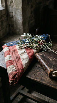 Torn Flag Beside Book and Olive Branch Symbolizing Conflict and Reconciliation