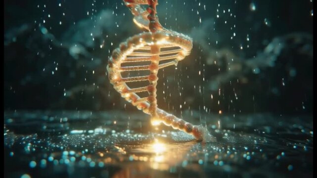 Glowing DNA Helix with Raindrops on Dark Futuristic Background, Science and Technology Concept