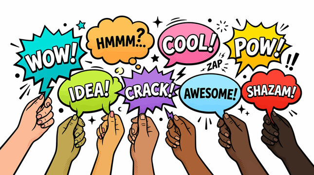 Diverse Hands Holding Colorful Comic Speech Bubbles Expressing Ideas Reactions and Emotions