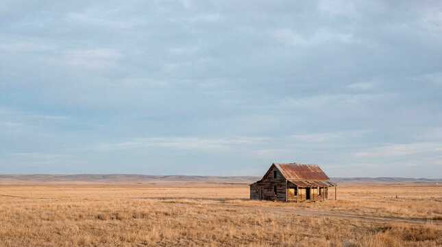 Weathered wooden barn standing alone on golden windswept prairie