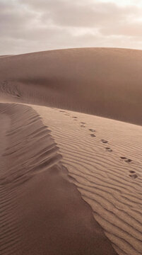 Curving desert dune ridge and footprints fading into soft misty haze
