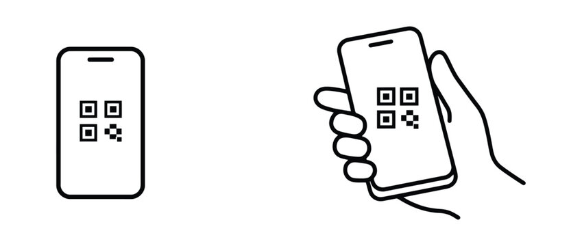 QR code scanning mobile icons with hand holding smartphone for payment and digital transaction interfaces