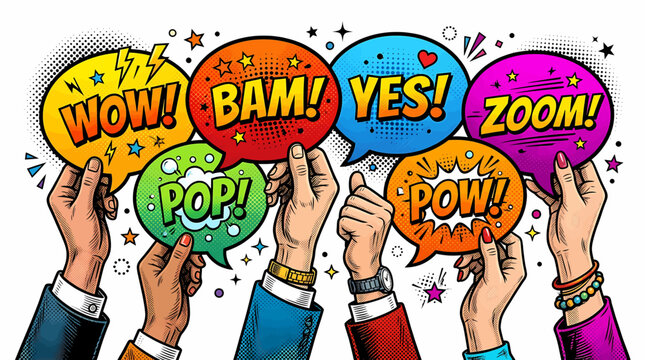 Comic Book Style Speech Bubbles with Exciting Words Held Up by Hands