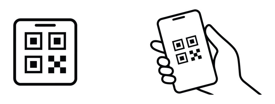 Mobile phone QR code scanning icons featuring hand holding smartphone for digital payment applications