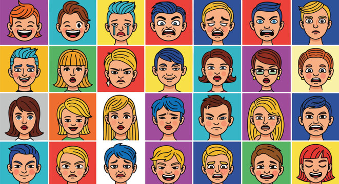 Diverse collection of cartoon style human faces in various colors.