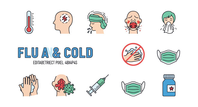 Illustration of flu and cold prevention items and symptoms.