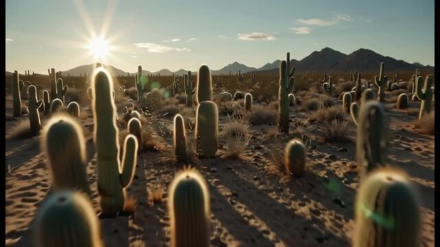 Desert Sunrise Over Saguaro Cactus Landscape in Arizona