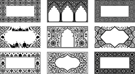 Set of decorative islamic style frames and borders with geometric and floral patterns transparent background © SampaRani