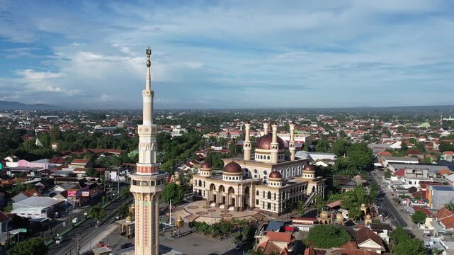 Aerial of Al Aqsha mosque islamic center in Klaten, Indonesia. with merapi mountain background