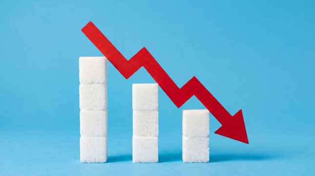 Decreasing sugar cubes with downward arrow graphic
