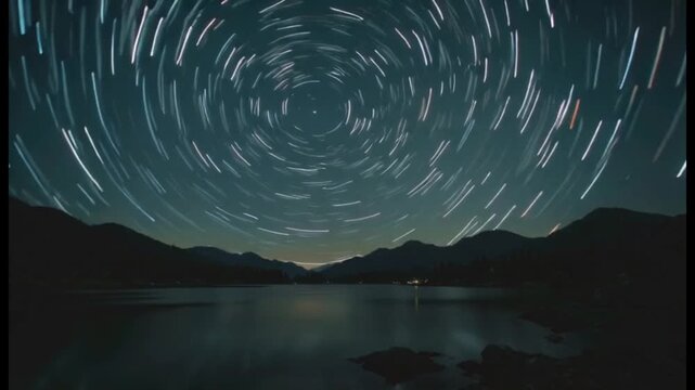 Star Trails Over Lake and Mountains at Night, Circular Star Trails, Astronomy, Astrophotography