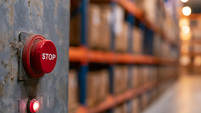 Industrial Red Emergency Stop Button with Glowing Indicator Light on a Machine Panel in a Warehouse Setting with Blurred Racks