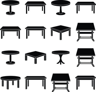 Black Table Silhouette Collection Featuring Round and Square Furniture Icons for Interior Design