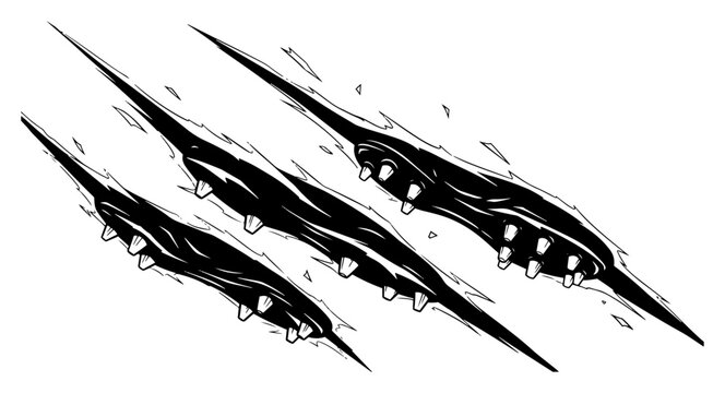Monster claw marks and deep animal scratches ripped surface black ink silhouette set