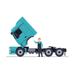 Fototapeta premium Professional vector illustration of a commercial semi-truck cabin interior undergoing engine maintenance and mechanical repair in a workshop garage with specialized tools.