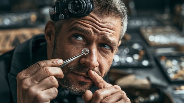 Jeweler holding faceted gemstone in tweezers at eye level with a hmm pondering expression, blurred jewelry workshop as copy space.