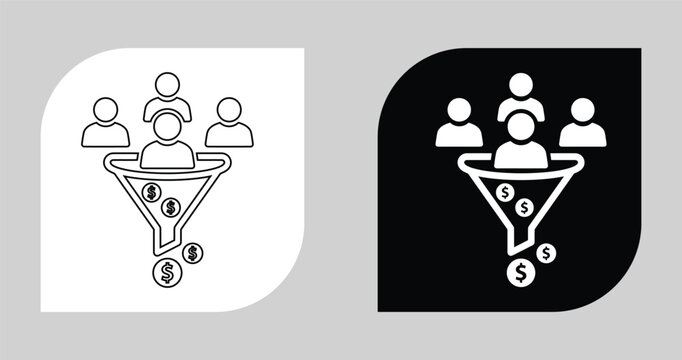 Sales lead conversion and customer acquisition funnel icon showing group of people passing through a sales process filter with conversion customer marketing