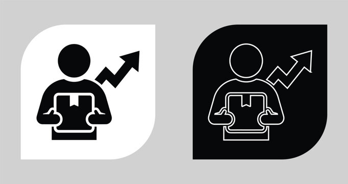 Business growth and delivery service icon set showing a person holding a box with an upward pointing trend arrow logistics delivery shipping business