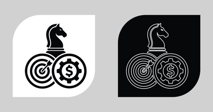 Strategic planning and financial target icon set featuring a chess knight piece with a bullseye and gear strategy planning business management marketing