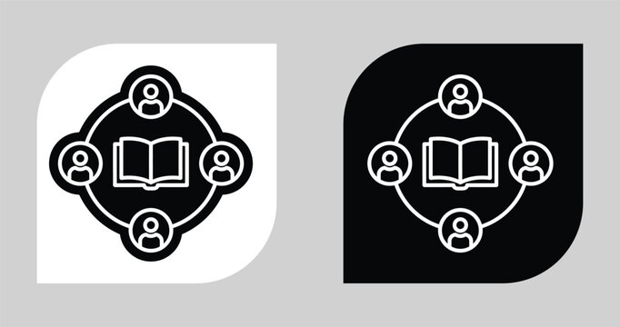 Collaborative learning and knowledge sharing icon set showing people around an open book symbol with education collaboration learning knowledge community