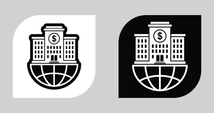 International banking and global finance building icon set featuring a corporate office with a dollar sign symbol business international corporate building