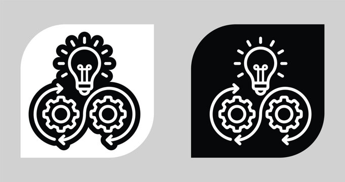 Continuous innovation and technical development icon set featuring a lightbulb surrounded by mechanical gears and circular arrows innovation creativity