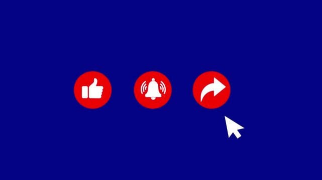 The animated reveal of the like, share, and bell notification buttons. Isolated on a green background. Subscribe like share button animation video. Social media engagement overlay icons
