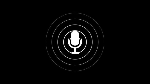 White color radio wave and voice recording podcast mic microphone button icon animation. Audio microphone icon 4k video animation.